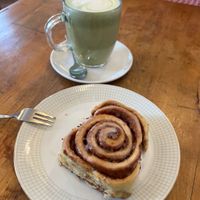 Cinnamon role and Matcha Oat Latte  at Black Veg in Bonn