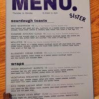 Menu at Sister in Dublin