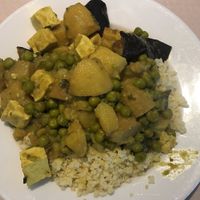 Tofu, green peas, potatoes and millet at Vega City in Budapest