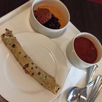 Goulash soup, steed cabbage with vegetables, potato pure and oat frikadeller, pancake at Vega City in Budapest