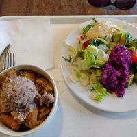 Baked potatoes with cabbage and buckwheat, mixed salad at Vega City in Budapest
