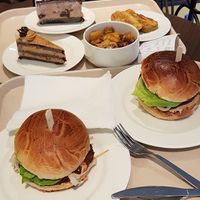 Retro burgers, grilled cashew cheese, toffee cake & plum cake at Vega City in Budapest
