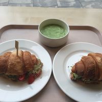 Croissant veggie sandwiches and cucumber soup. at Vega City in Budapest