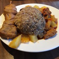 Saslik, rice pattie and ratatouille-like stew at Vega City in Budapest