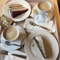 breakfast for two😄a couple of cappuccino and two slices of cakes at Vega City in Budapest