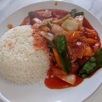 Sweet & sour vegetables with rice at Soya Express in Sheffield