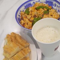 Fried dough sticks, homemade soy milk, ma po tofu with handmade noodle at Soya Express in Sheffield