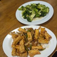 Salt & chilli tofu, with garlic brocolli at Soya Express in Sheffield