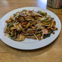 Stir-fried vegetables with handmade spicy noodles at Soya Express in Sheffield