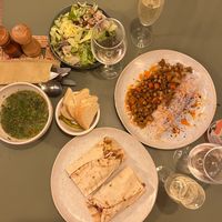 Vegan dinner with borscht, salad, curry and tacos. at CUIB in Iasi