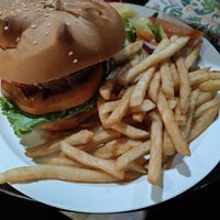 Plant-based Burger, Stir Fried Veg & Fries at El Avion in Manuel Antonio