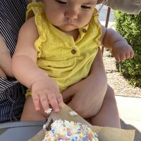 My little checking out the vegan cupcake she picked out!  at Urban Cookies Bakeshop in Phoenix