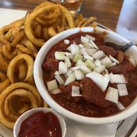 Awesome vegan chili and curly fries!  at Squirrel's Tavern in Corvallis
