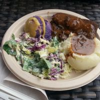All-vegan meatloaf, mashed potatoes, bok choy slaw & purple sweet potato at Sweet Home Waimanalo in Waimanalo