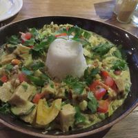 Seitan in coconut curry, lentils and basmatic rice (17,50€) at Mykene in Leuven