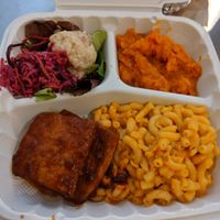 Take out. Organic soul food platter; Cole slaw, potato salad, yams, creamy Mac & cheese, BBQ tofu. Missing in photo - black eyed peas, kale greens. All well seasoned deliciousness. at Stuff I Eat in Inglewood