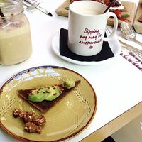 Avocado with raw bread  at Tanya's Cafe in South West London