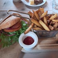 Vegan burger and fries at Lapland Hotels Pallas in Muonio