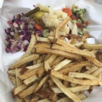 mostly fries hummus platter  at Eggs and Plants in Seattle