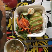 Daily special - vegetable soup, enyucado and cas/rosa de jamaica drink with side salad with cas dressing. Ordered for take out. Delicious. at Mantras - San Pedro in San Pedro