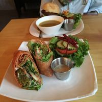 Falafel Hummus wrap with salad and Falafel Burger with soup and salad.  at Mantras - San Pedro in San Pedro