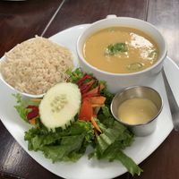 Garbanzo cream soup with side of whole grain rice and salad at Mantras - San Pedro in San Pedro