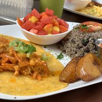 Typical breakfast: gallo pinto, fruit salad, tofu scramble on corn tortillas at Mantras - San Pedro in San Pedro