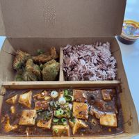 Mapo tofu, veggie dumplings and purple rice (all vegan)  at The Dumpling Lady - Nana Li's in Latta Arcade in Charlotte