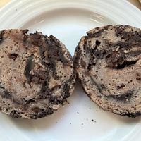 Chocolate bagel cut in half   at Good & Friendly Kitchen in Petaluma