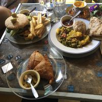 Super vegan sandwich, potato pea curry, and samosas at Krishna Veggie in Buenos Aires
