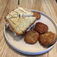 Vegan reuben sandwich and latke tots at Thyme and Tonic in New York City