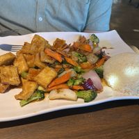 Tofu Hibachi with white rice (it came with a white "yummy sauce", which we set aside)  at Pho Lover in Galesburg