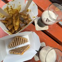Vegan cheese toastie and curry chips  at The Harbour Bar  in Bray