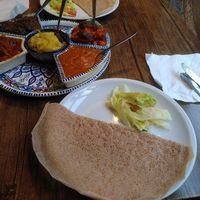 Vegan platter for two with injera bread at Abessina in Gottingen