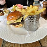 Symplicity plant-based cheeseburger, smokey pickles, signature sauce, fries  at The Red Lion in Cambridge