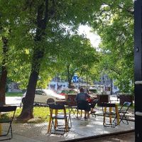 Kawiarnia Fawory, Krakow. Outdoor seating area at Kawiarnia Fawory in Warsaw