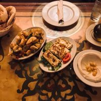 Spicy potatoes, grilled halloumi and hummus at Taboula in Cairo