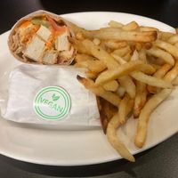 Deluxe vegan buffalo chicken wrap with air fries at Fuel Cafe in Hicksville