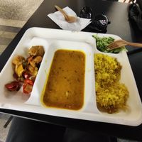 Tofu with vegetables, dhal, flavored rice and cucumber salad at Dhaba Beas  in Prague