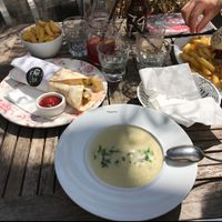 asparagus soup, donair and fish sandwich with fries!! at Elle n' Belle in Zurich