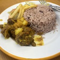 Vegan mutton curry with rice and peas  at Chakku - Caribbean Street Food in Birmingham
