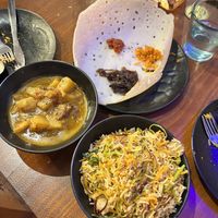 Pineapple curry (quite spicy), vegetable Kothe and plain hoppa  at The Coconut Island Angel in London