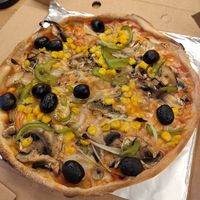 The "Vegan" pizza. Featuring vegan cheese, sweetcorn, peppers, onions and olives. at Davardi's Pizza Bar in Worsley
