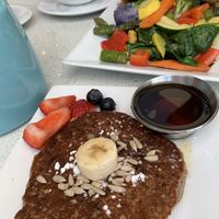 Sausages and hash brown breakfast with pancakes   at JOi Café in Westlake Village