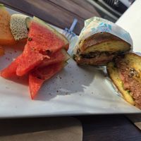 Bland, dry burger with delicious fruit at JOi Café in Westlake Village
