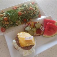 Ceasar Salad with Substitute Avocado anf Classic Cheeseburger at JOi Café in Westlake Village