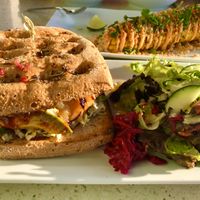 The BBQ Southsider Joi burger w/ avocado on toasted rosemary ciabatta bread. Delicious! at JOi Café in Westlake Village