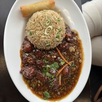 Lunch Special - Veg Manchurian Pakoras, Fried Rice, and Spring Roll - Vegan  at Burlington Hakka & Momo Hub in Burlington
