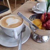 coffee with oatmilk and vegan sorbet at Koseverden&KoseligCafe in Tromsoe