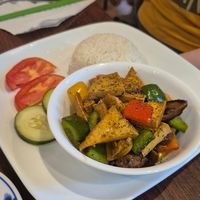 Braised Tofu with mushrooms and rice at Luong-Loi Plant-based Restaurant in Wheaton